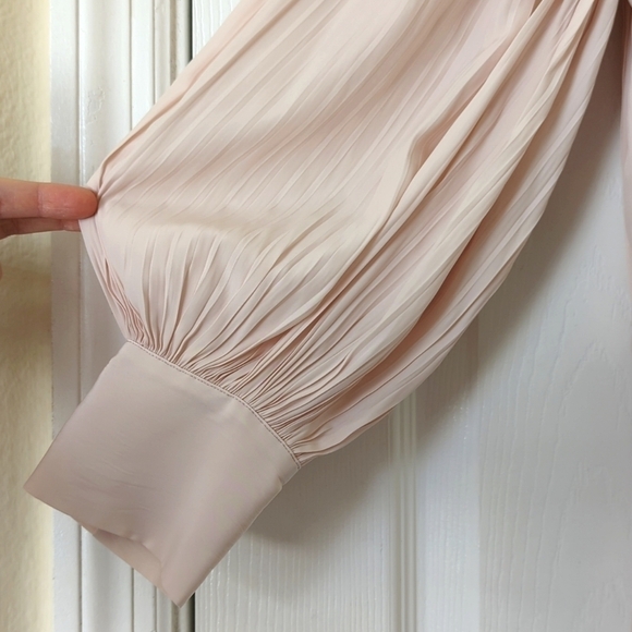 Joie Rheia Silky Pleated Long Balloon Sleeve Blouson A-Line Midi Dress Cream S - Picture 5 of 15